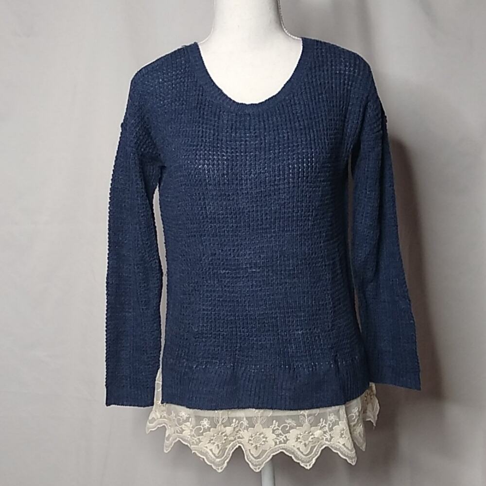American Rag Womens Sweater Cold Shoulder Lace Trim Small Blue New
